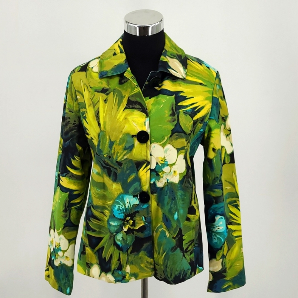 CHICO's Lime Green/Turquoise Tropical Print Jacket Women's Junior Size 1